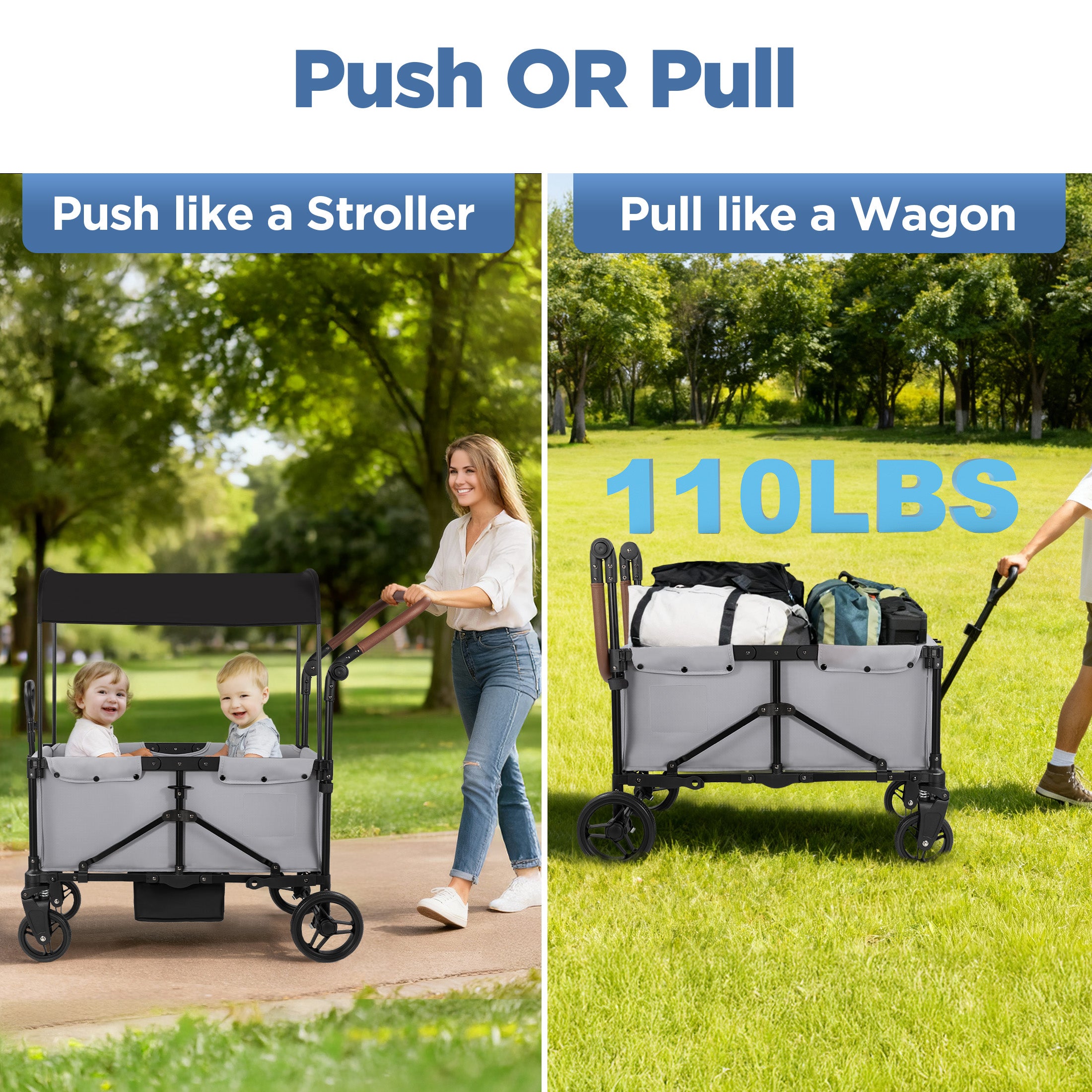 Tripland Wagon Stroller for Kids, 2-Seater Outdoor Baby Stroller with Canopy,Pull & Push Handle,Black