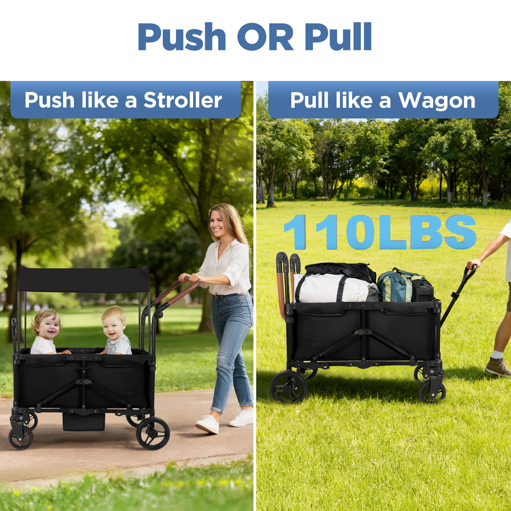 Tripland Wagon Stroller for Kids, 2-Seater Outdoor Baby Stroller with Canopy,Pull & Push Handle,Black
