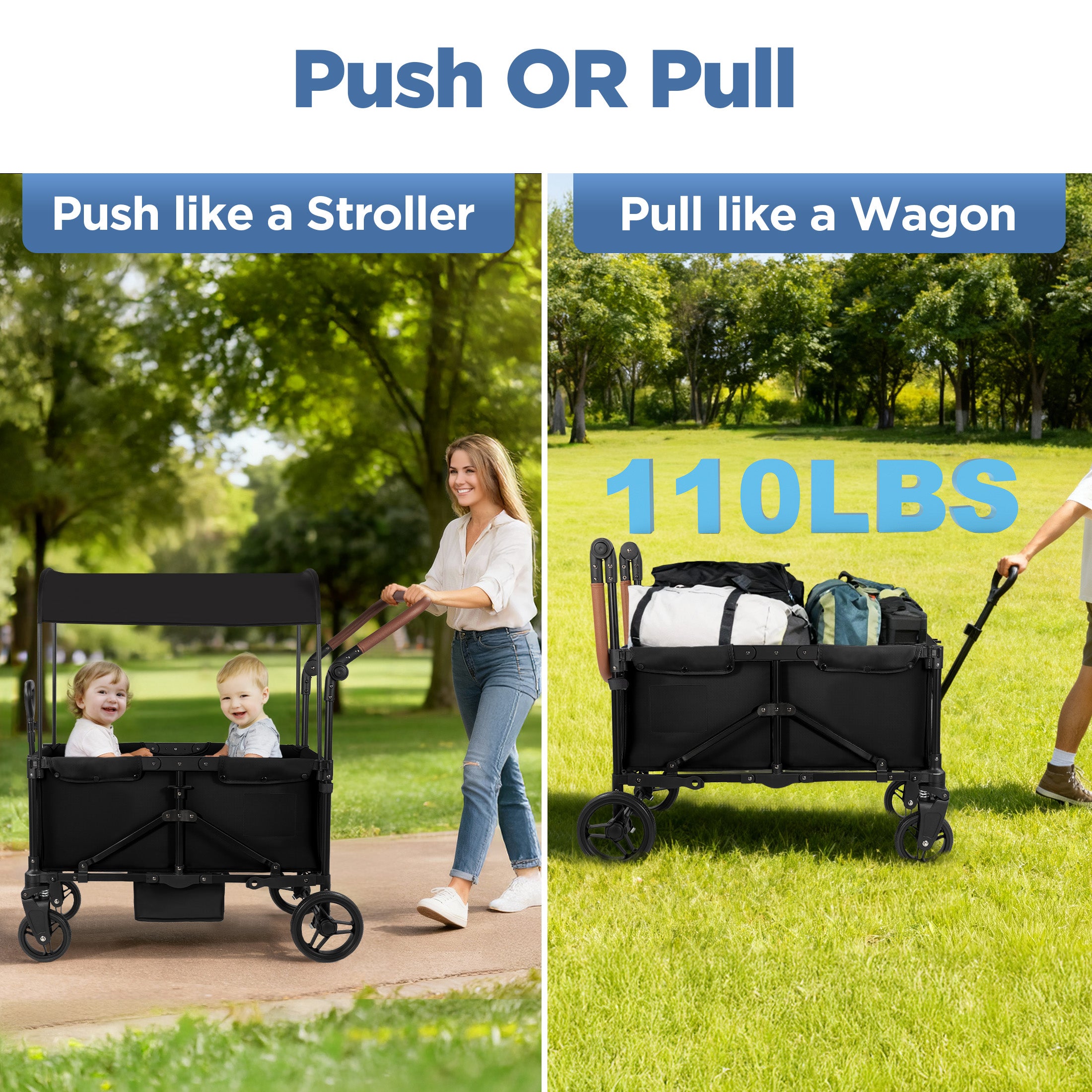 Tripland Wagon Stroller for Kids, 2-Seater Outdoor Baby Stroller with Canopy,Pull & Push Handle,Black