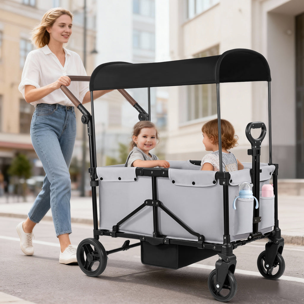 Tripland Wagon Stroller for 2 Kids, 2-Seater Stroller Wagon with 5-Point Harness and Canopy,Gray/Black
