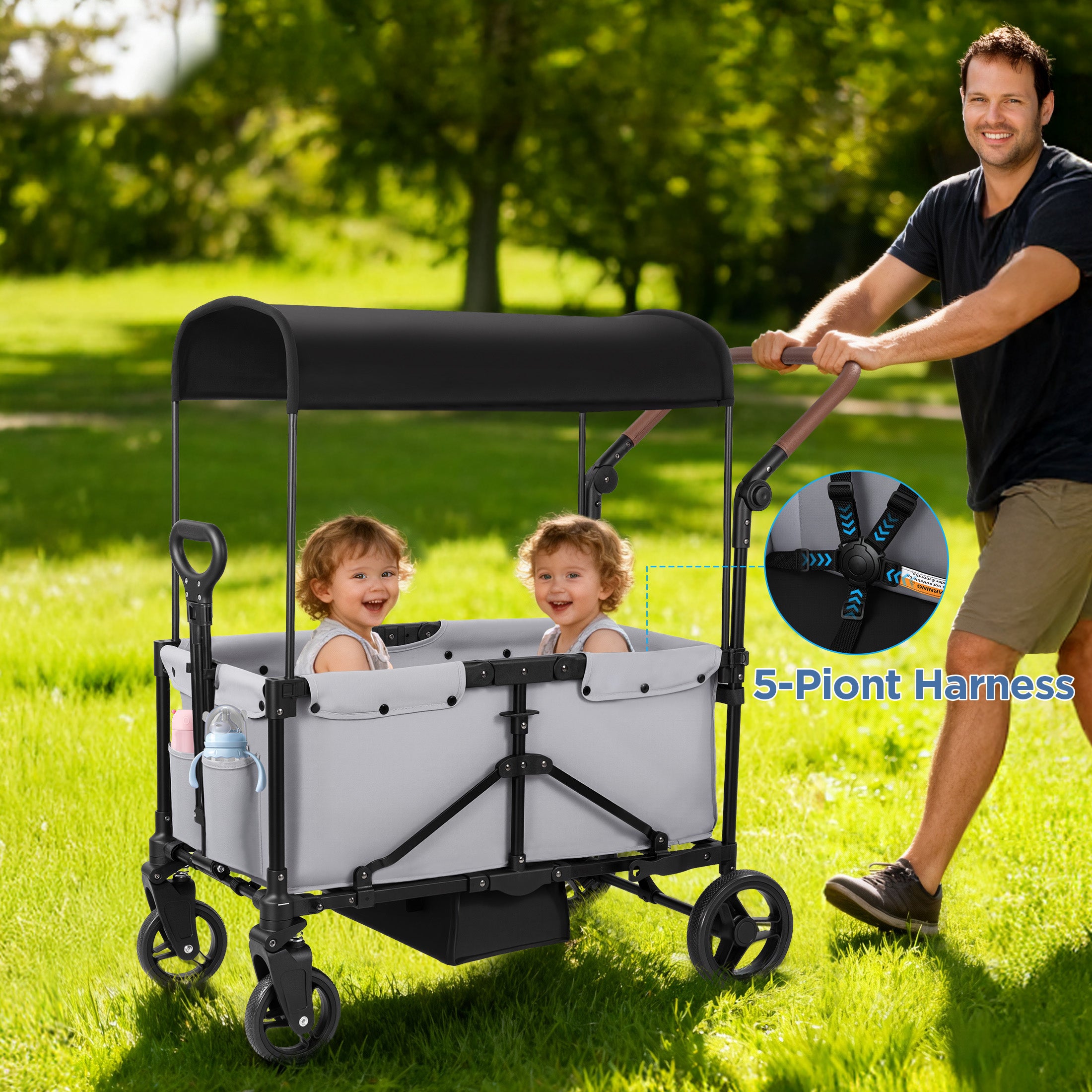 Tripland Wagon Stroller for Kids, 2-Seater Outdoor Baby Stroller with Canopy,Pull & Push Handle,Black