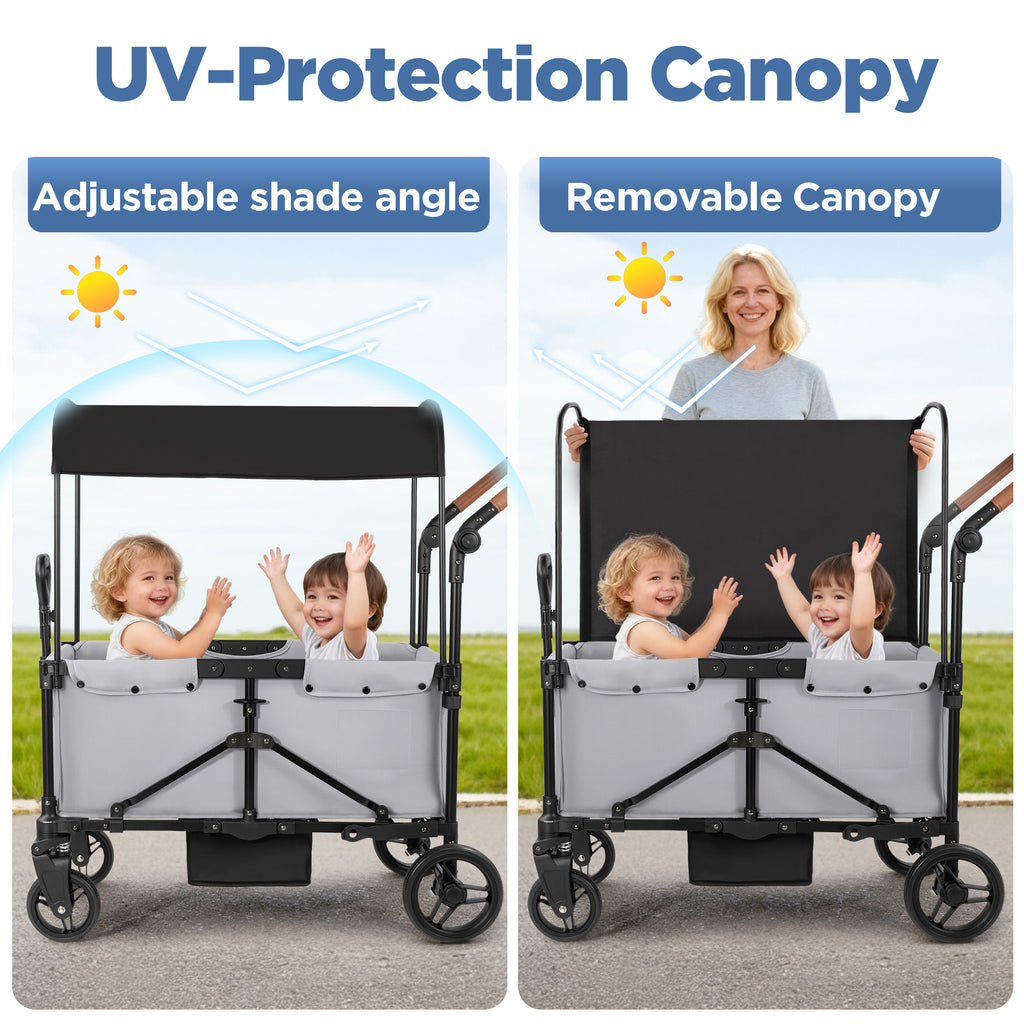 Tripland Wagon Stroller for Kids, 2-Seater Outdoor Baby Stroller with Canopy,Pull & Push Handle,Black