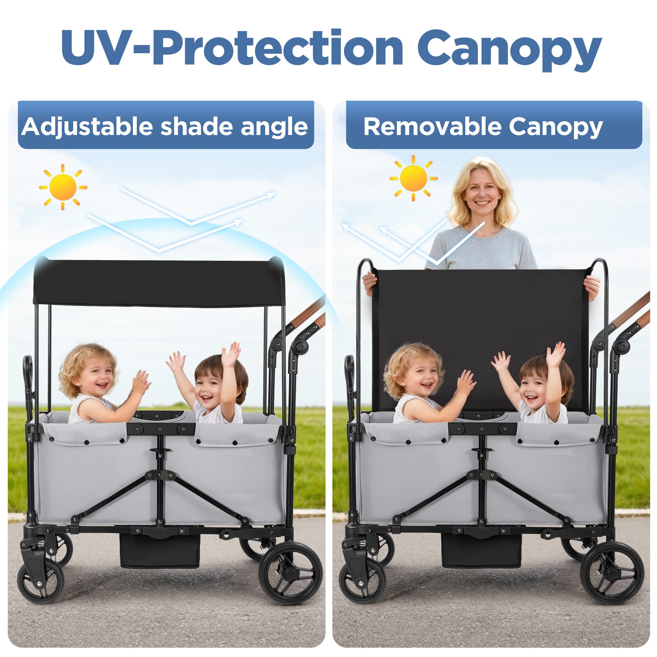 Tripland Wagon Stroller for Kids, 2-Seater Outdoor Baby Stroller with Canopy,Pull & Push Handle,Black