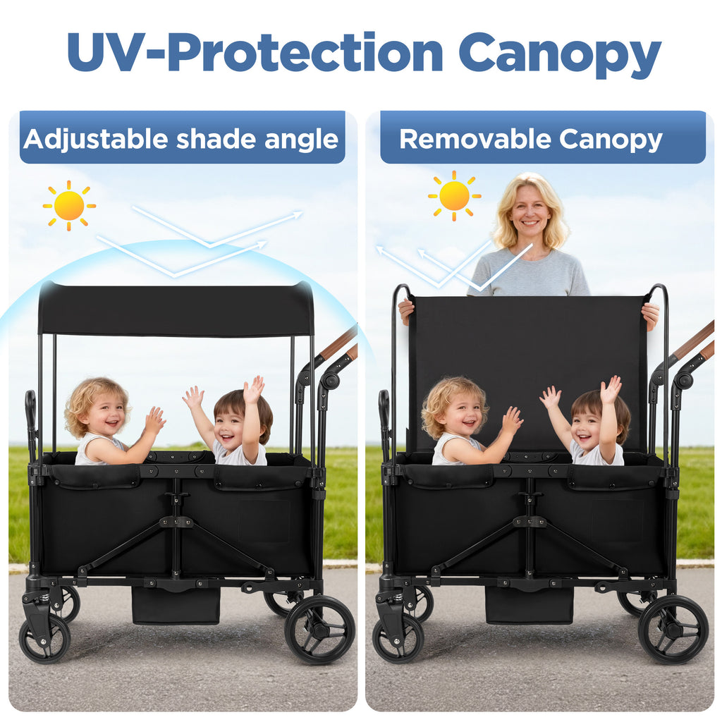 Tripland Wagon Stroller for Kids, 2-Seater Outdoor Baby Stroller with Canopy,Pull & Push Handle,Black