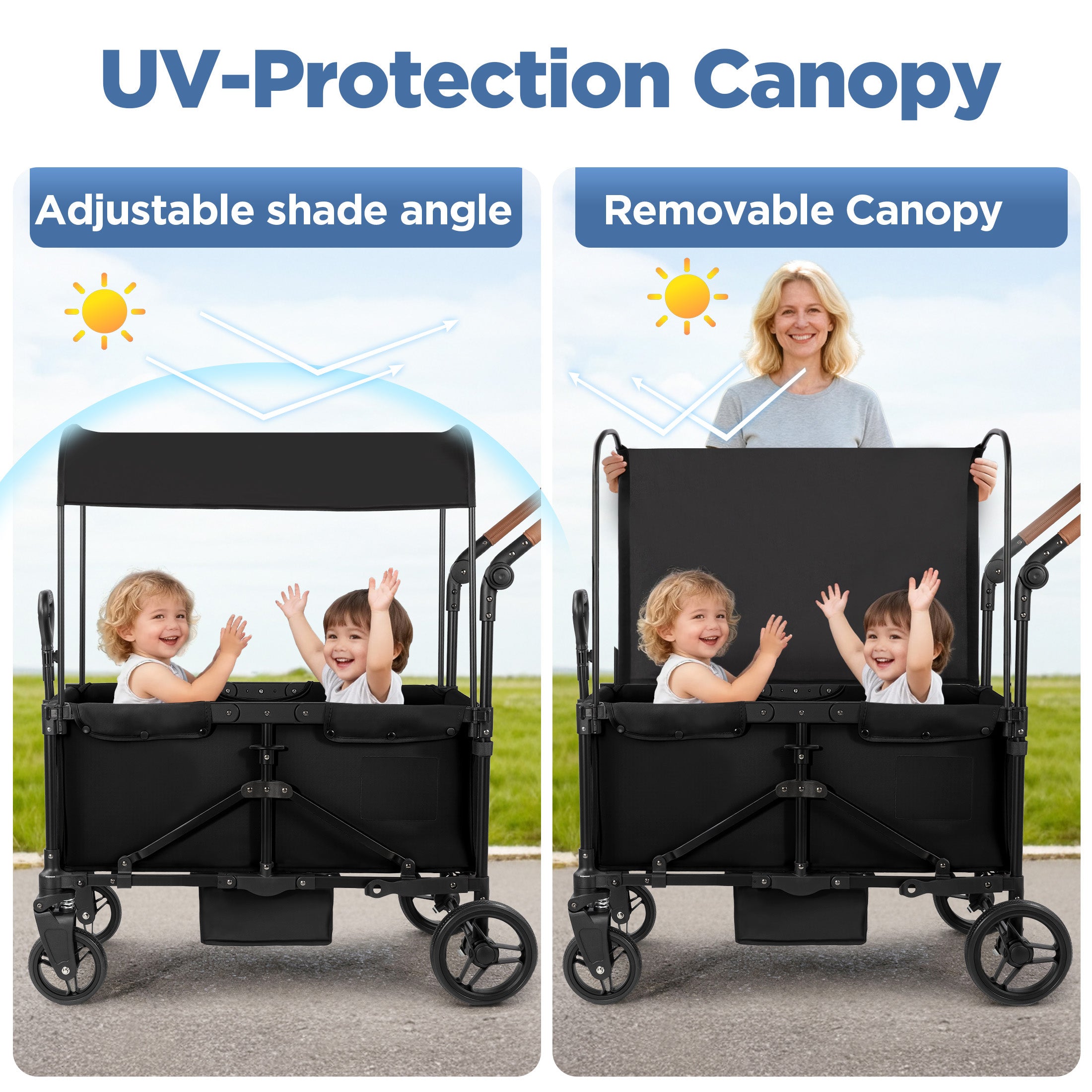Tripland Wagon Stroller for Kids, 2-Seater Outdoor Baby Stroller with Canopy,Pull & Push Handle,Black