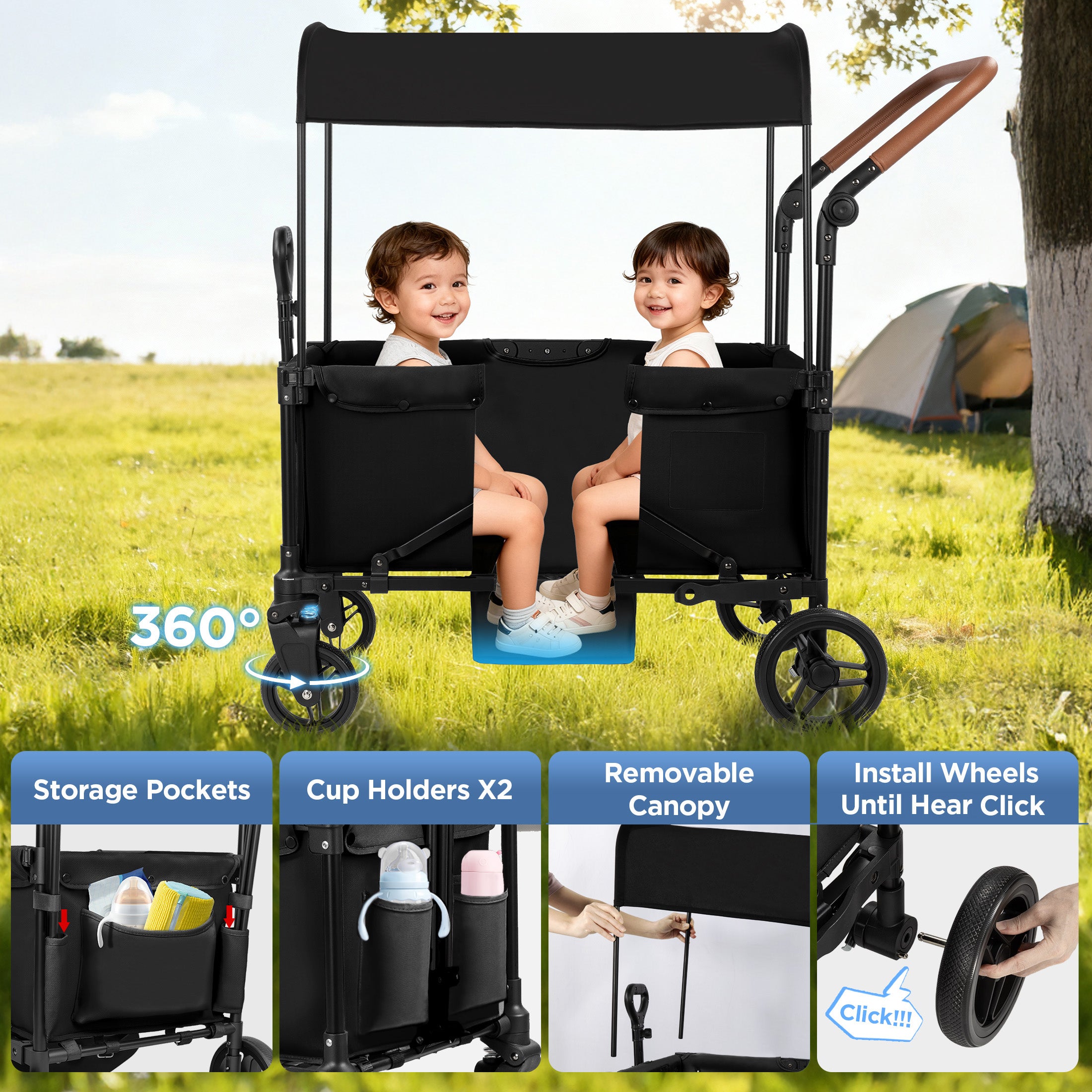 Tripland Wagon Stroller for Kids, 2-Seater Outdoor Baby Stroller with Canopy,Pull & Push Handle,Black