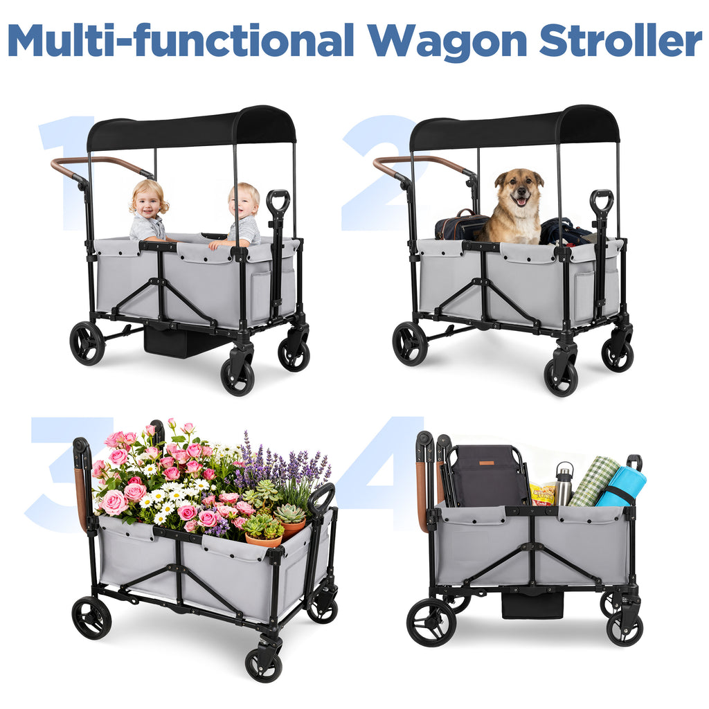 Tripland Wagon Stroller for Kids, 2-Seater Outdoor Baby Stroller with Canopy,Pull & Push Handle,Black