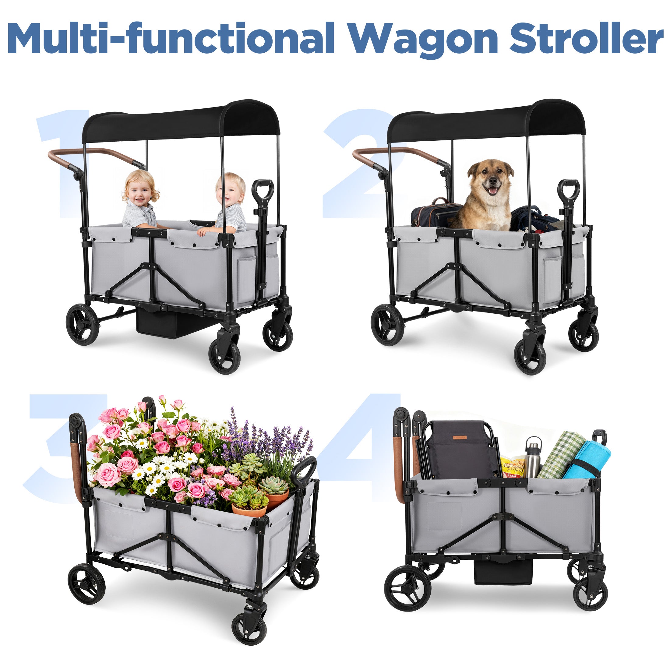 Tripland Wagon Stroller for Kids, 2-Seater Outdoor Baby Stroller with Canopy,Pull & Push Handle,Black